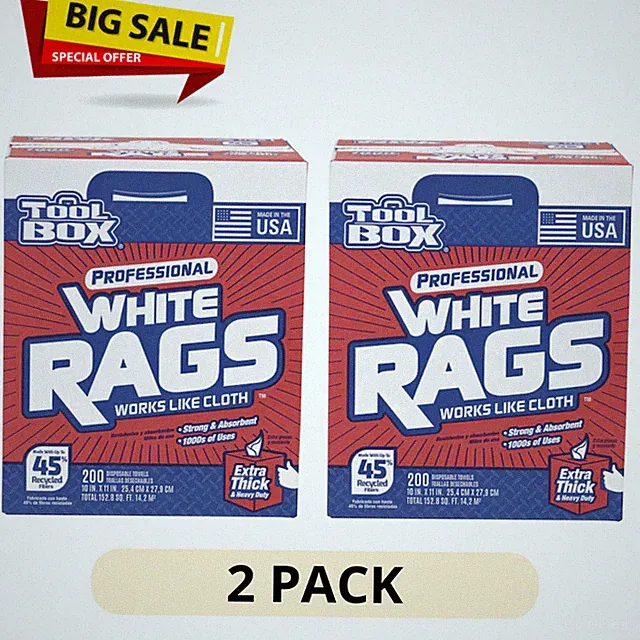 2PK TOOLBOX Professional White Rags (200 Sheets; 10" x 11" Sheet Size Disposable