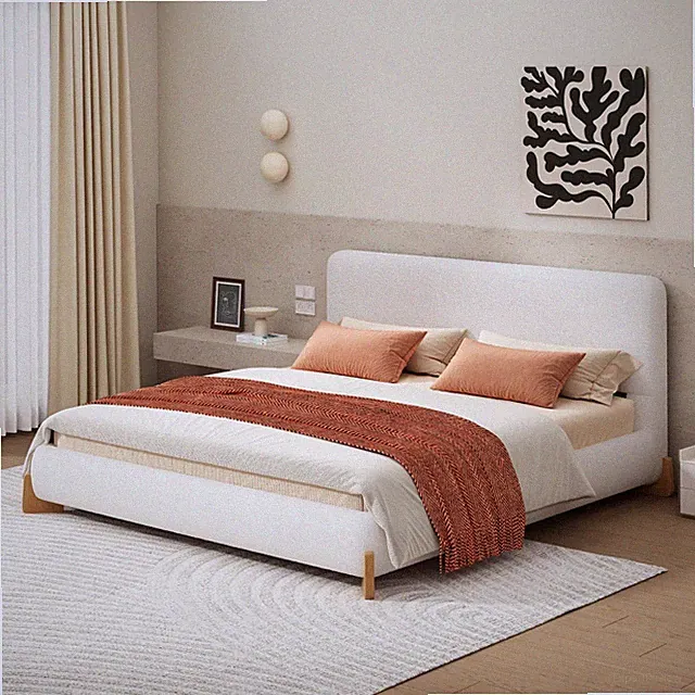 Elegant Upholstered Queen Size Bed Frame White Fabric Bedroom
