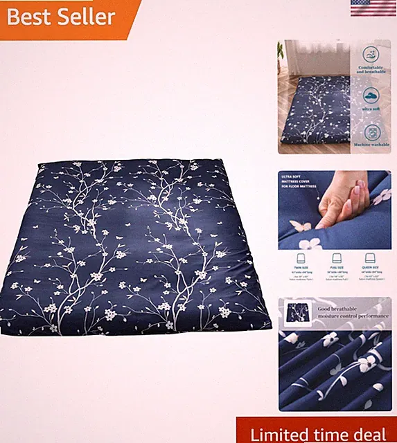 Plush Queen Mattress Cover for Japanese Futon - Stylish Navy Floral, Easy Care