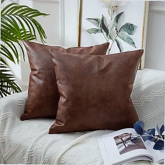 Set of 2 Faux Leather Decorative Throw Pillow Covers Modern Solid Outdoor Brown