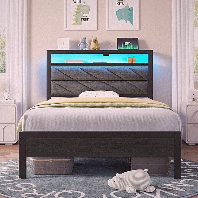 Seventable Bed Frame Twin Size with Charging Station, LED Bed with Upholstered S