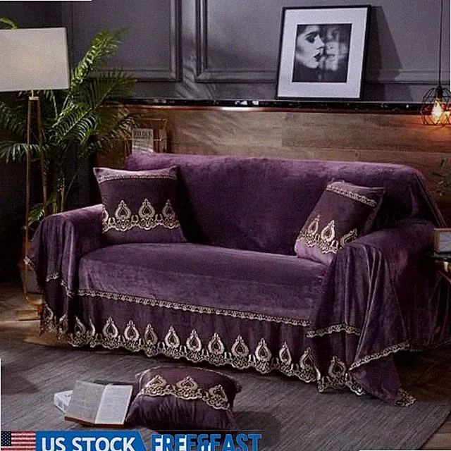 Vintage Lace Velvet Sofa Cover Plush Couch Blanket Machine Washable Soft Decor